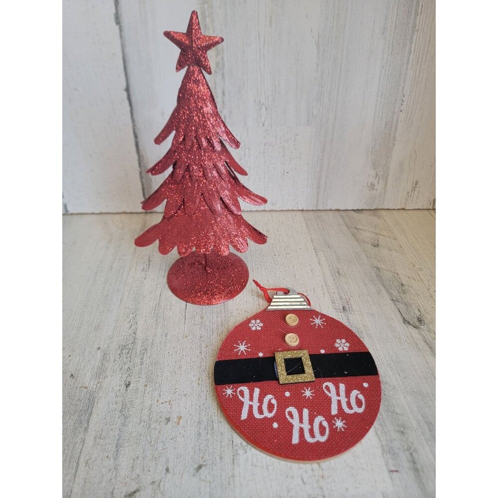 Red metal glitter tree wooden‎ ornament Santa Xmas figure set